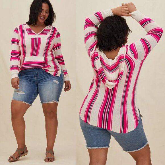torrid Tops - Torrid Neon Pink Stripe Cotton Blend V-Neck Baja Hoodie